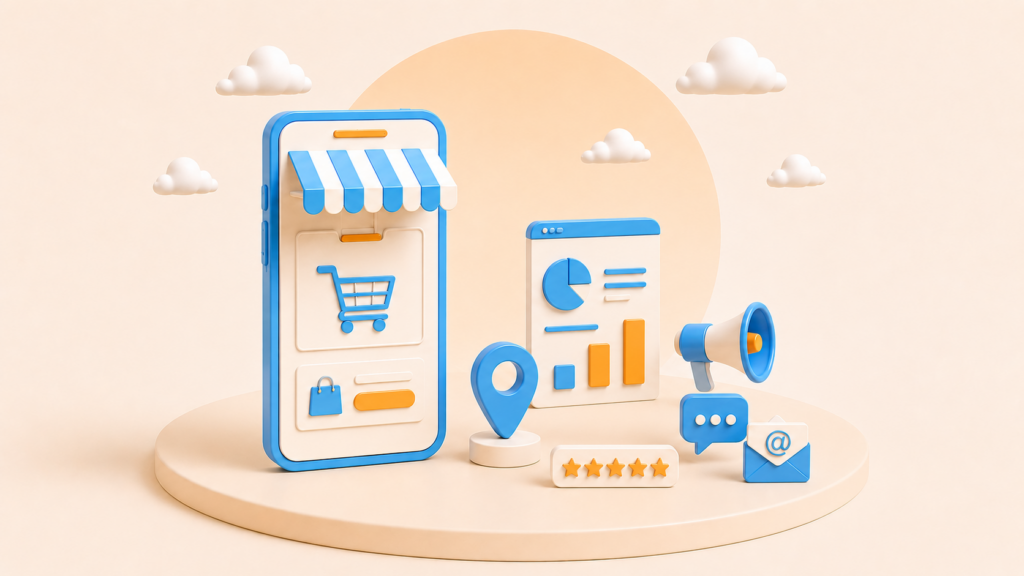 Teléfono móvil con tienda online, gráficos, megáfono y elementos digitales que representan estrategias digitales para negocios locales.