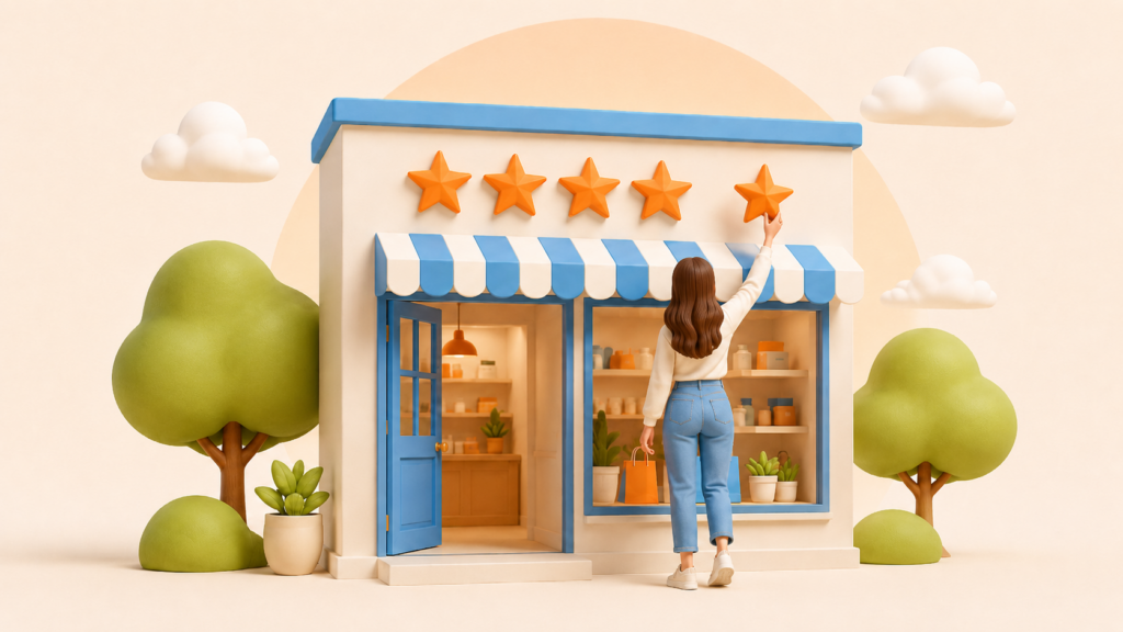 Cliente colocando una estrella en la fachada de un comercio local, representando una experiencia de compra positiva.