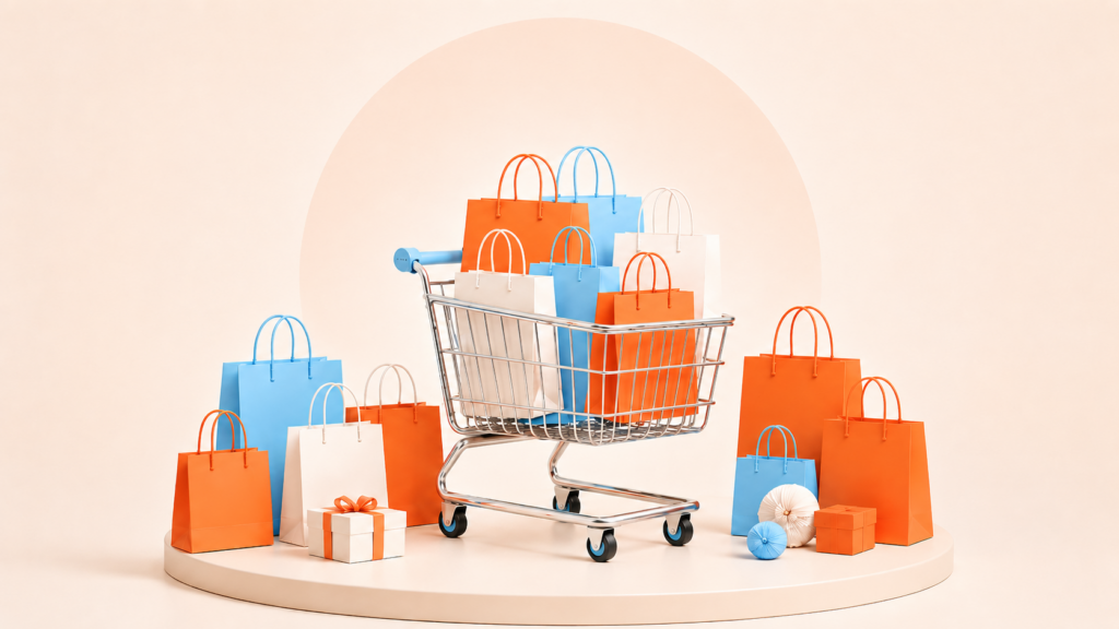 Carrito de la compra lleno de bolsas, representando la compra impulsiva y la importancia de planificar las ofertas antes de comprar.