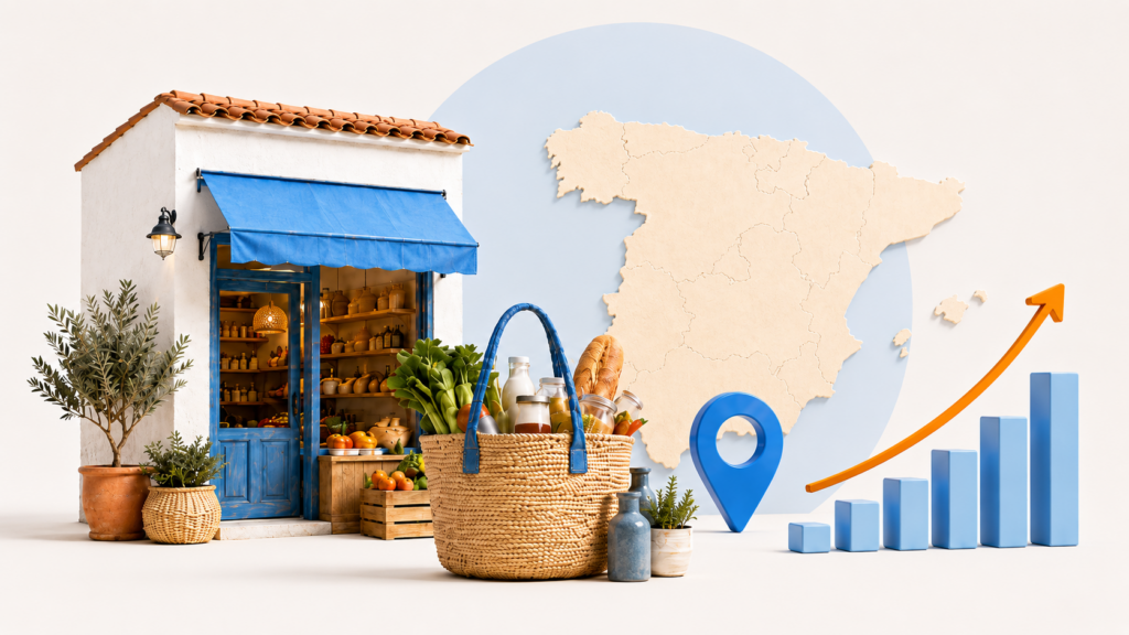 Comercio local, mapa de España y gráfico de crecimiento que representan las tendencias de consumo local en España en 2026.