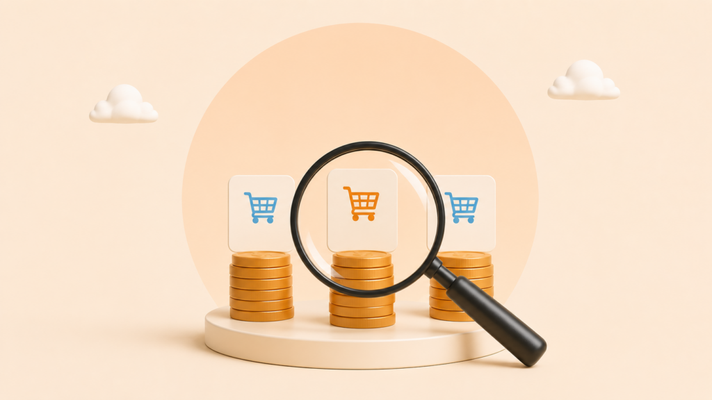 Lupa sobre varias opciones de compra y monedas, representando la comparación de precios antes de tomar una decisión.