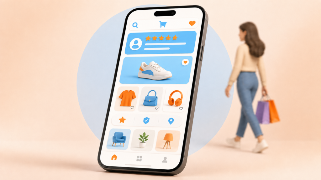Teléfono móvil con productos, reseñas e iconos digitales junto a una compradora, representando cómo la presencia online influye en la experiencia del cliente en tienda.