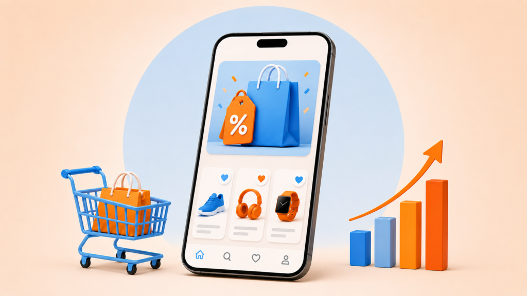 Teléfono móvil con productos, etiqueta de descuento, carrito y gráfico de crecimiento, representando promociones digitales para aumentar ventas.