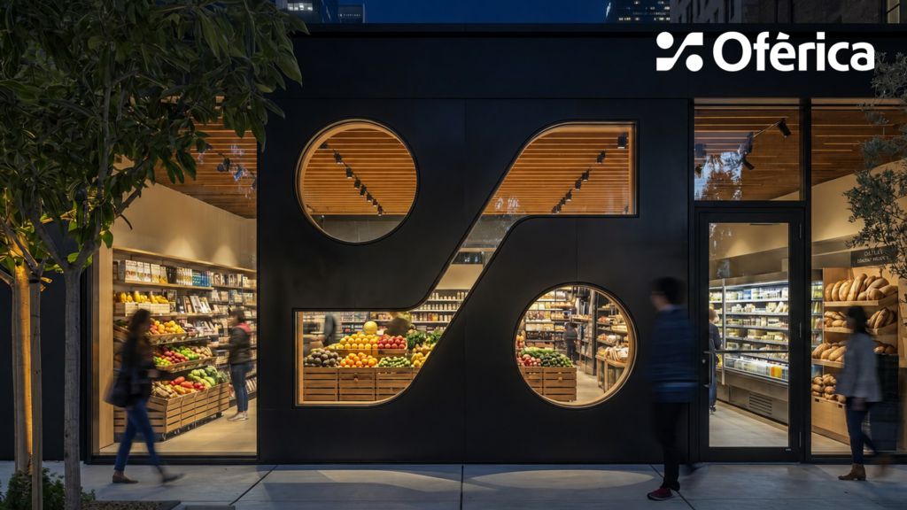 Fachada de una tienda con el logotipo de Oférica y un símbolo de porcentaje, representando una plataforma para comparar precios, ofertas y promociones.