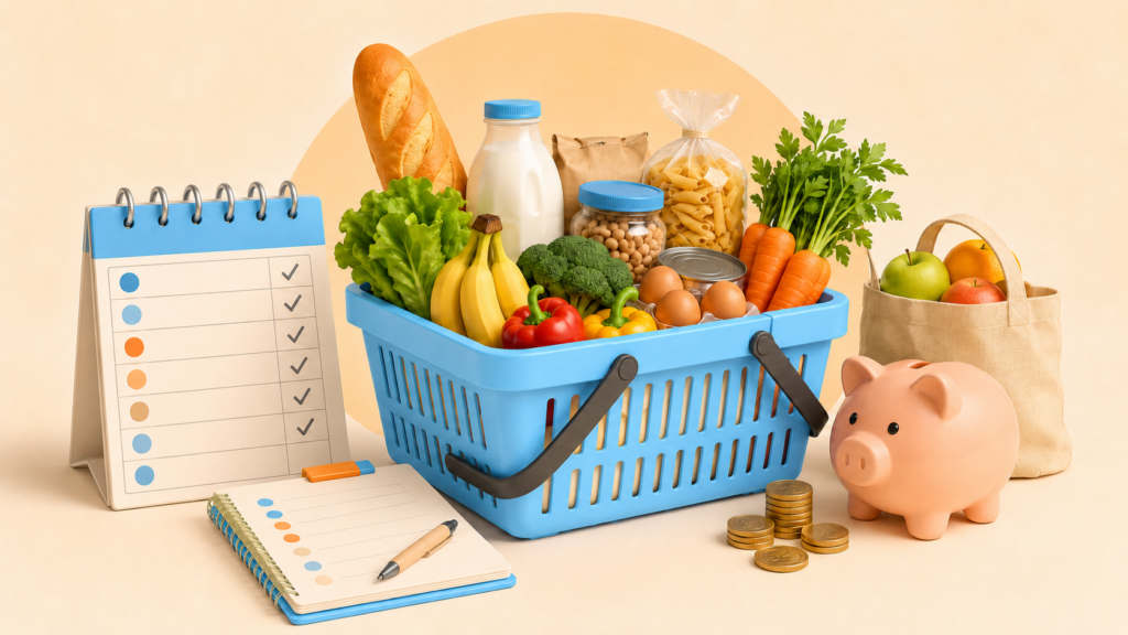 Cesta de la compra con alimentos, lista semanal, hucha y monedas, representando cómo organizar la compra semanal para gastar menos.