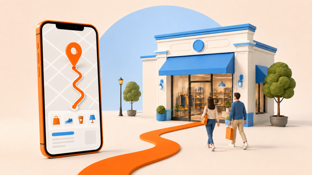 Teléfono móvil con mapa y ruta hacia una tienda física, representando cómo la visibilidad online ayuda a atraer clientes a un negocio local.