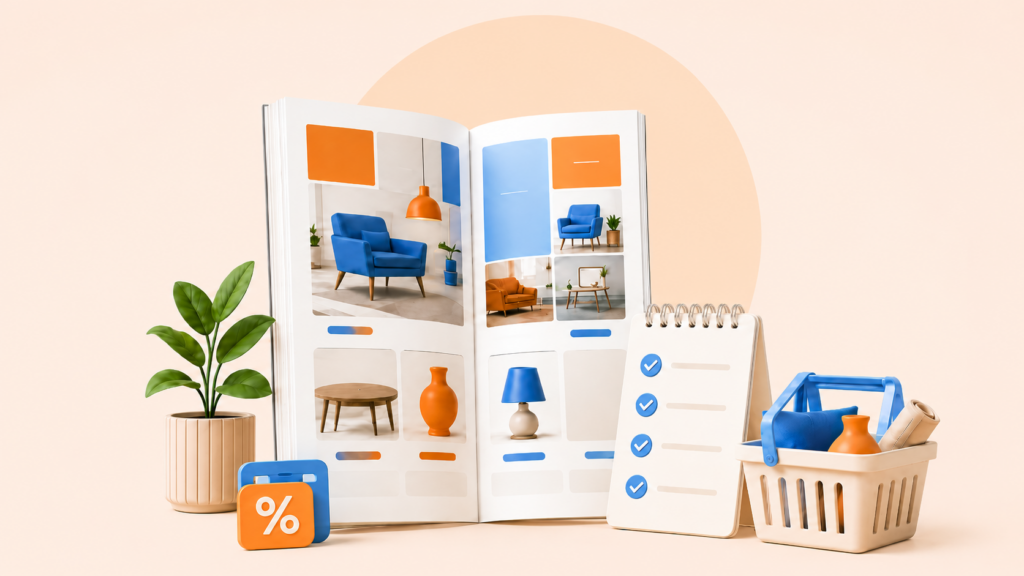 Catálogo online abierto con productos del hogar, lista de compra y cesta, representando las ventajas de consultar catálogos online antes de ir a tienda.