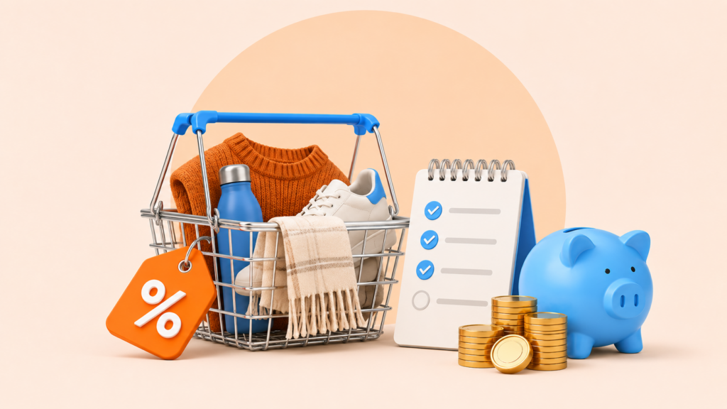 Cesta con productos de temporada, etiqueta de descuento, lista de compra y hucha, representando cómo aprovechar ofertas de temporada sin comprar de más.